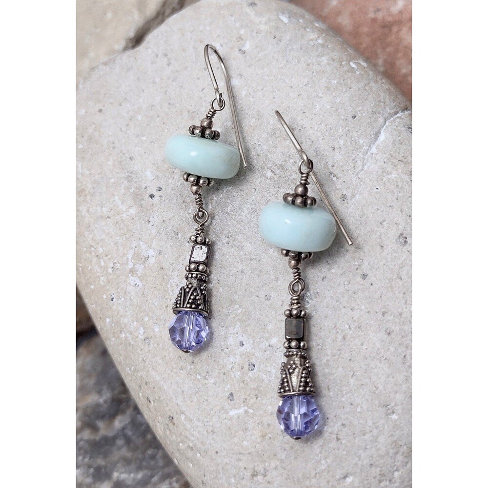 Amazonite Garnet Sterling Silver Bali Bead Earrings Artisan